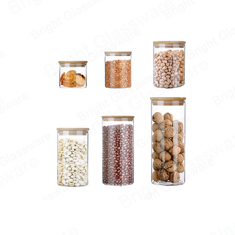 Venta al por mayor Premium Airtight Seal High Borosilicate Glass Food Storage Jar con tapas de bambú
