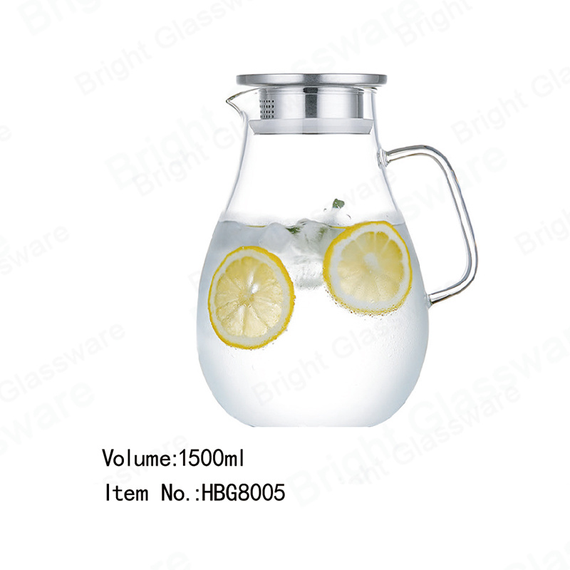 1.5L jarra de vidrio de jarra de jarra de agua resistente al calor con tapa de filtro de acero inoxidable