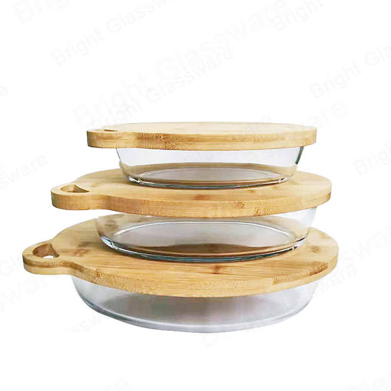Ecológico natural ovalado redondo alto borosilicato platos para hornear con tapas de bambú conjunto de 3