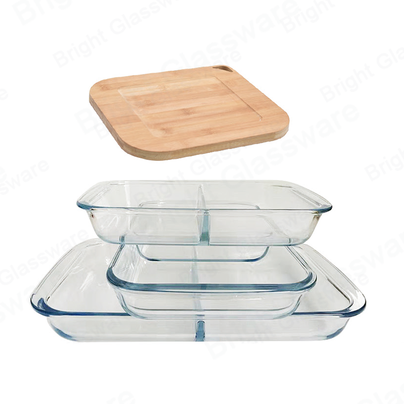 cocina horno microondas seguro pasteles de pan bandejas para hornear transparente alto borosilicato fuente de vidrio para hornear con divisor