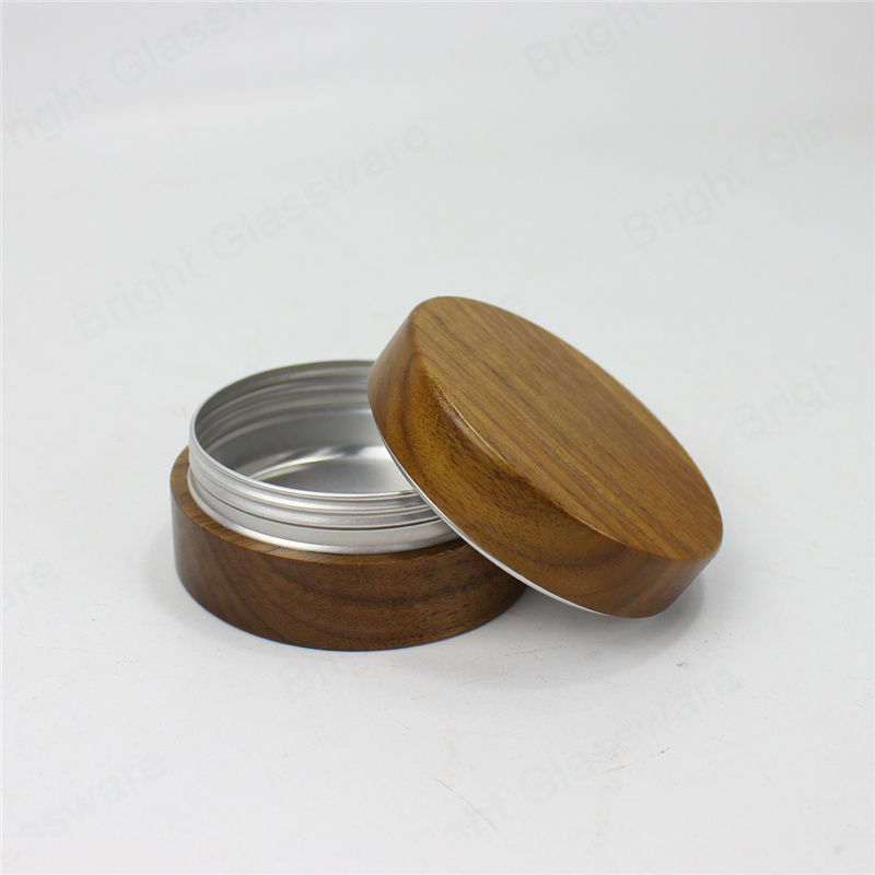 Round Shaped Tins Cosmetic Container Empty Aluminum Cream Jar With Wooden Lid