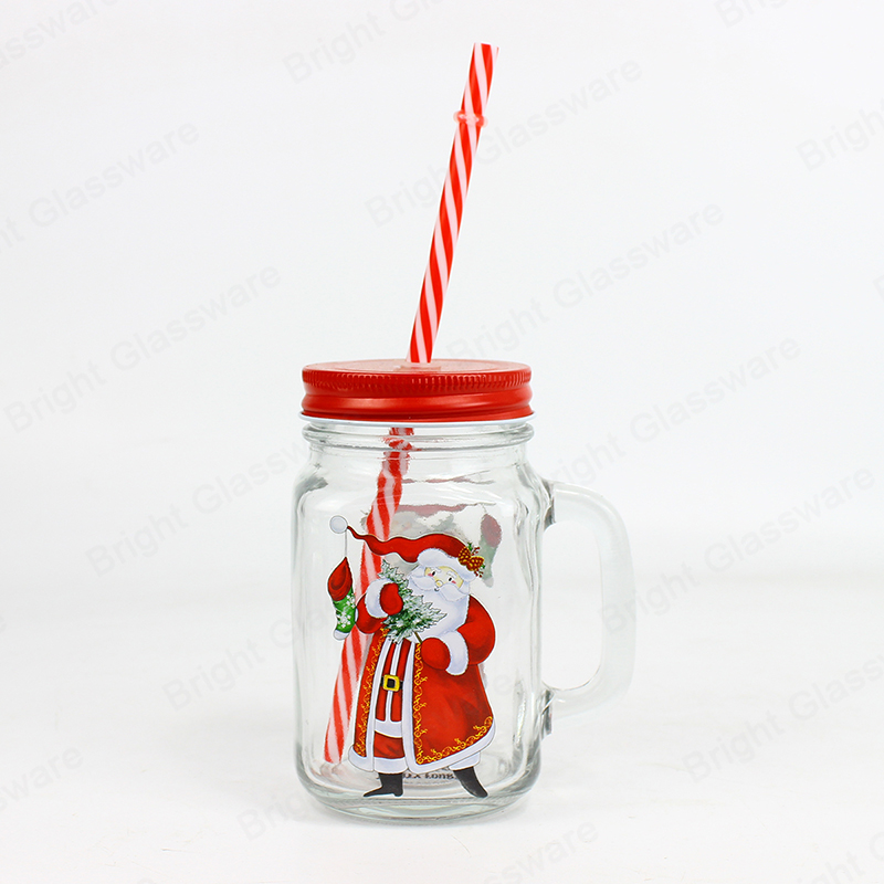 480ml Logotipo de impresión personalizado Decoración navideña Vaso Bebida Taza Vaso Frascos de vidrio Mason con paja y tapa