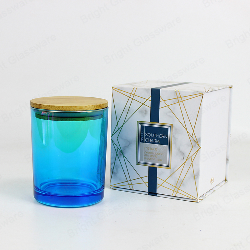 Recipiente de vela de vidrio vacío azul galvanizado personalizado con tapa y caja de regalo