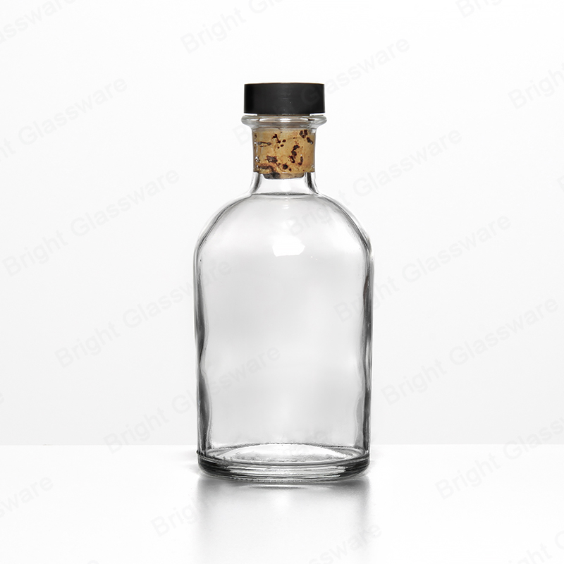 Botella difusora de láminas de vidrio rellenable redonda transparente de 150 ml con tapón de corcho