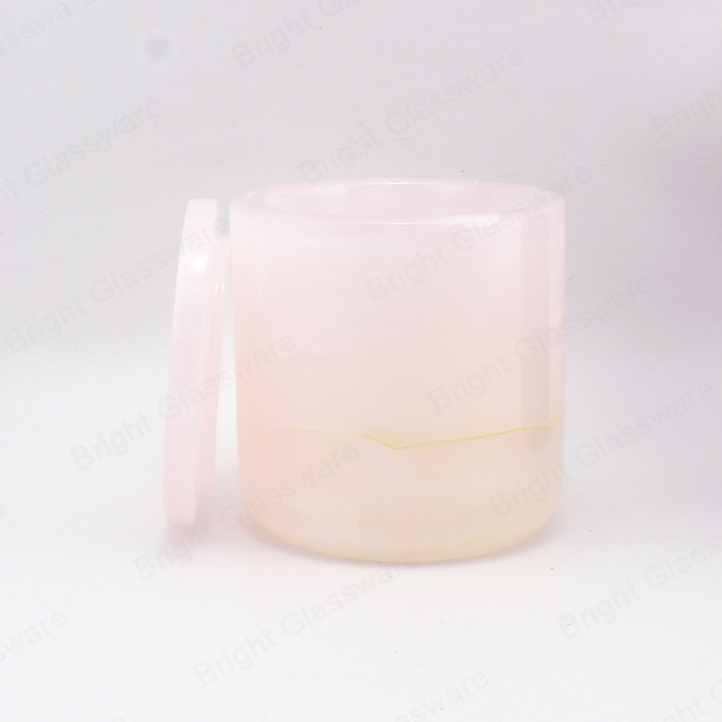 Décoration de maison de luxe Pot de bougie en onyx rose avec couvercle pour la collection de bougies