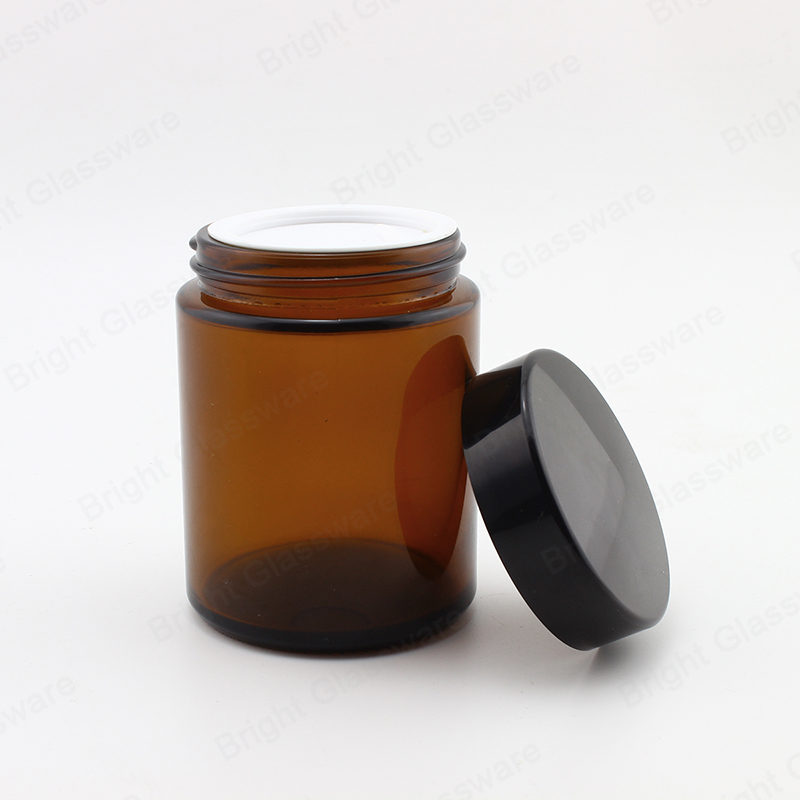 150ml Pot de crème cosmétique en verre ambré droit avec couvercle en plastique
