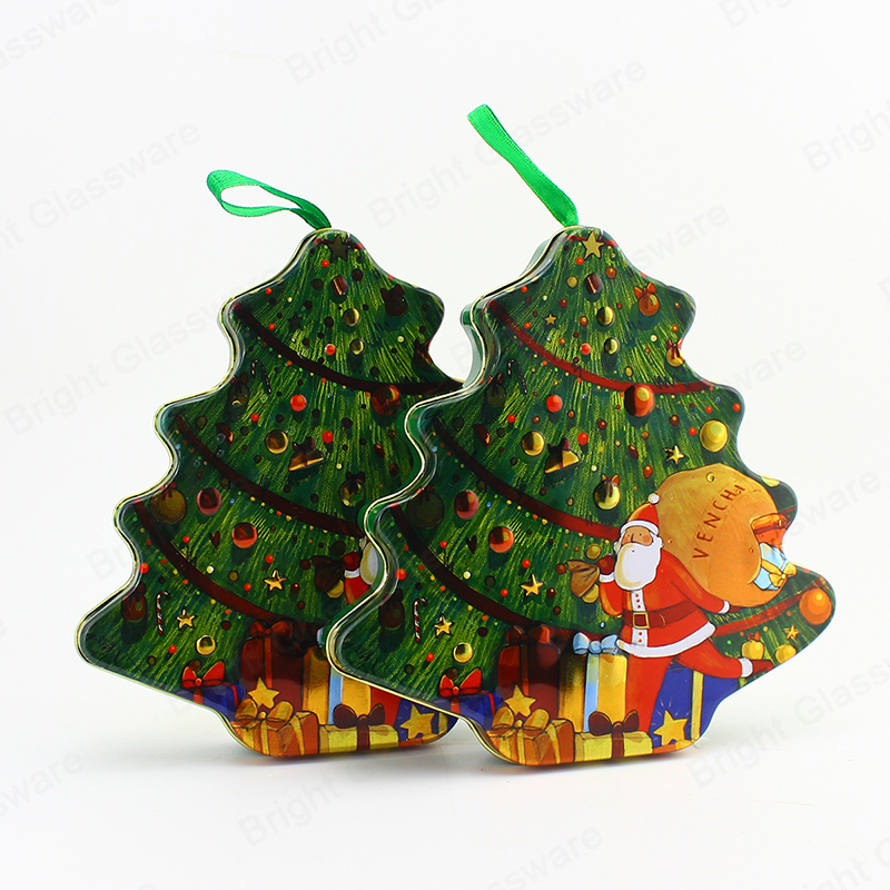 Индивидуальный дизайн жестяной коробки Упаковка Оловянный контейнер в форме рождественской елки с лентой для конфетного подарка