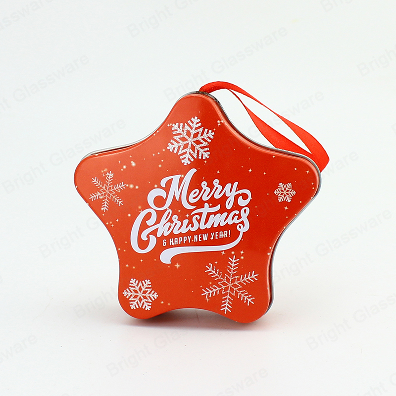 Estrella de Navidad en forma de caja de hojalata Contenedor Caja de embalaje de metal de impresión personalizada con cinta para regalo de dulces