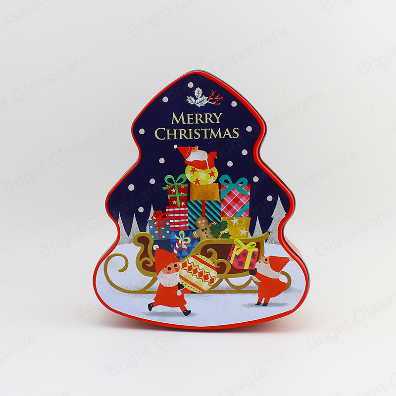 عيد الميلاد شجرة شكل القصدير حاوية مخصص المطبوعة حلوى القصدير مربع مع غطاء لهدية البسكويت