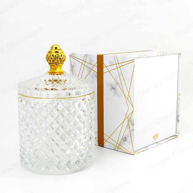 Frasco portavelas de vidrio transparente con borde dorado con caja de paquete