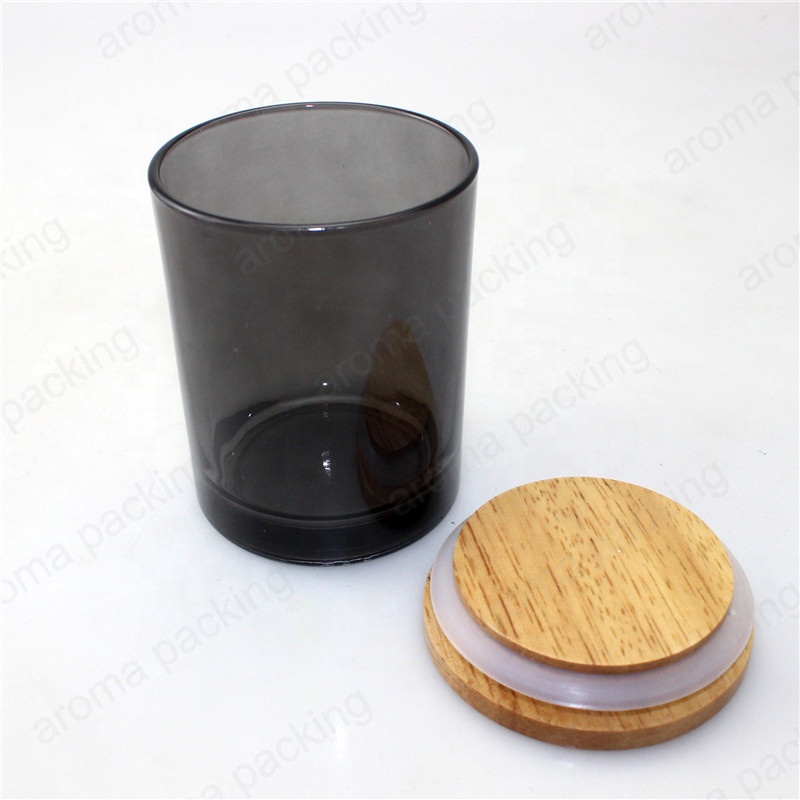 جرة زجاجية سوداء شفافة فارغة للشمعة بغطاء خشبي