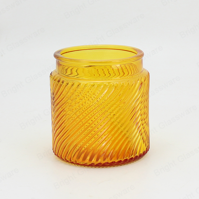 Recipiente de vela de vidrio ámbar brillante en relieve con boca ancha para el proveedor de decoración del hogar