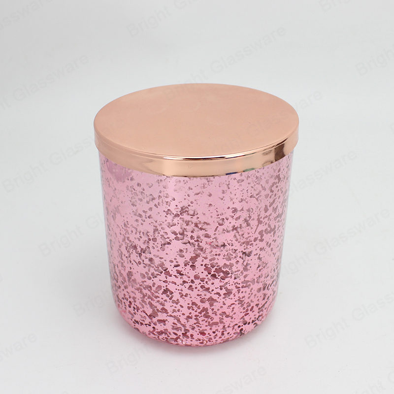 Moderno frasco de vela de vidrio galvanizado rosa al por mayor con tapa de oro rosa