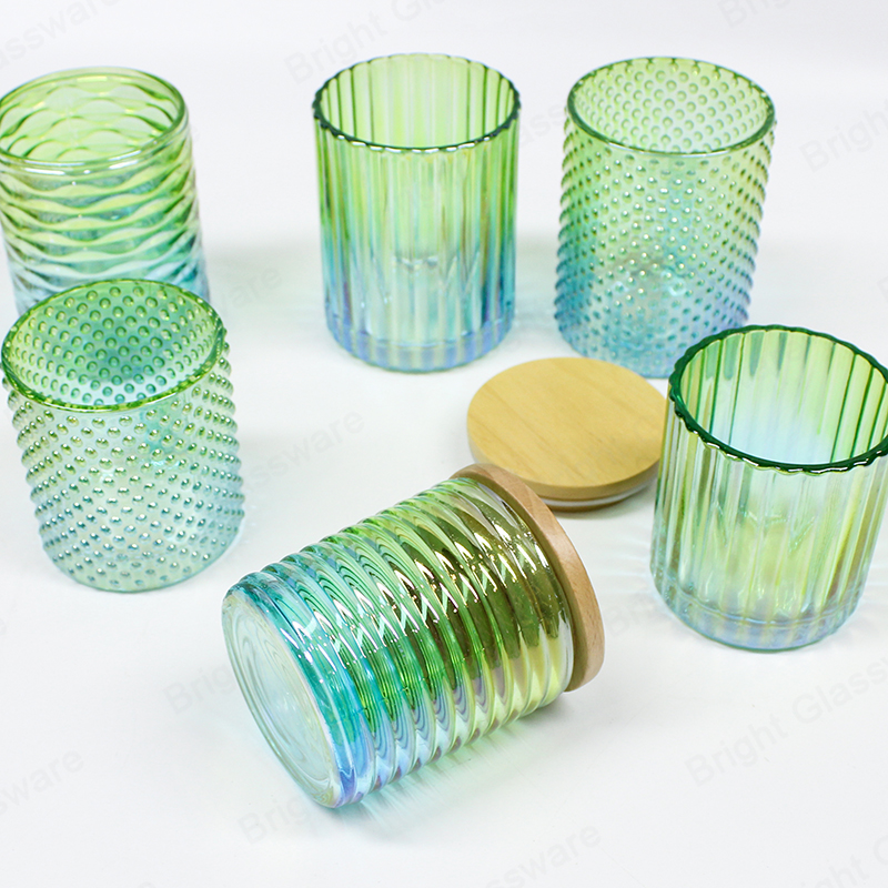 Degradados verdes en relieve Contenedor de velas de vidrio con tapa de bambú de madera