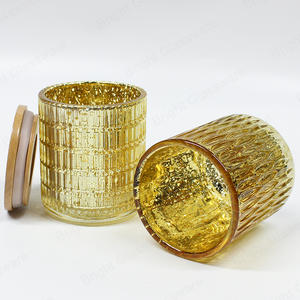Fashion Gold Color Shiny Electroplating Glass Candle Jar avec couvercle en bambou