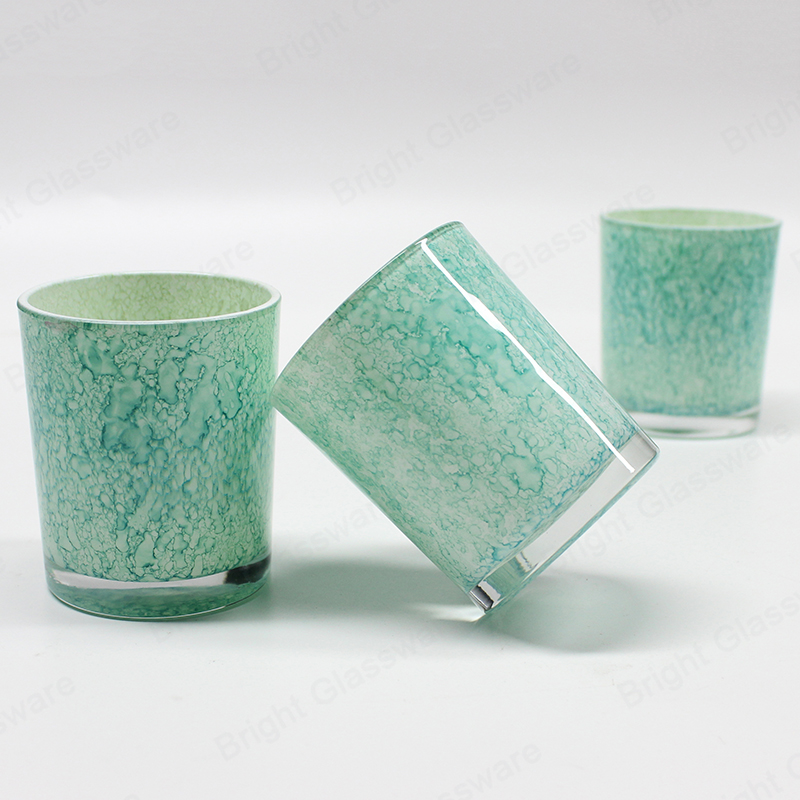 Brillante grueso fondo verde patrón cilindro vela jarras proveedor para la venta