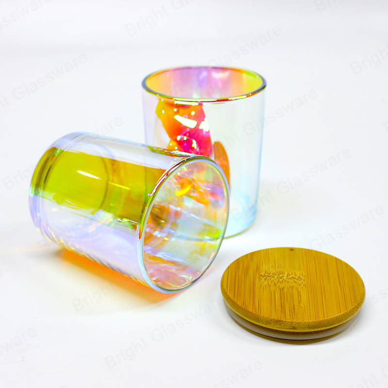 China Reciclado Luxury Plating Raibow Glass Candle Jar con tapa Wholesaler