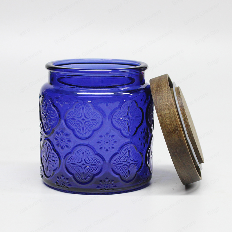 China Glass Frascos Velas en relieve en relieve rociado Vidrio de color azul Frasco de vela con tapa