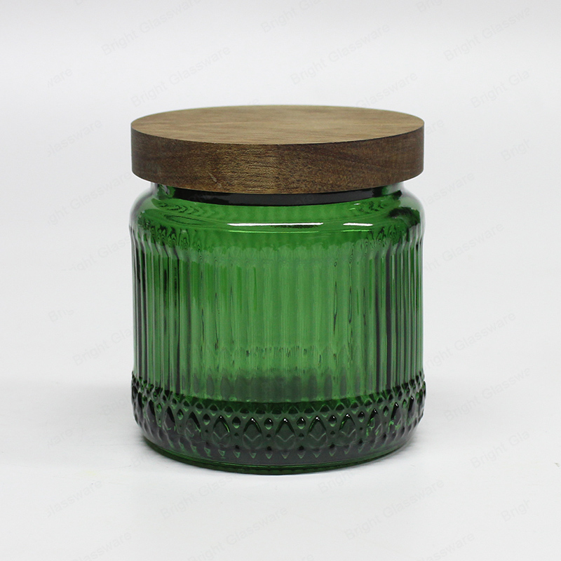 Boca ancha rayado verde color vela jarra al por mayor frascos de vidrio tapa de madera