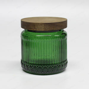 Wide Mouth Striped Green Color Candle Jar Wholesale Glass Jars Wood Lid