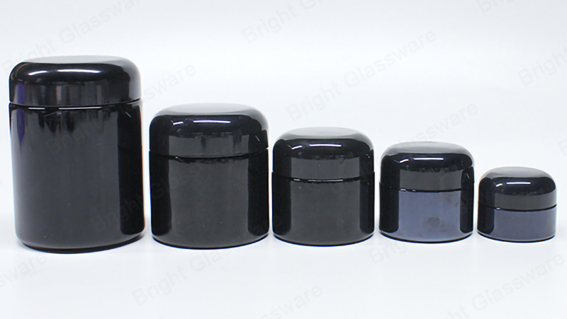 Vente en gros de différentes tailles rond brillant noir couleur verre cosmétique crème pot avec couvercle