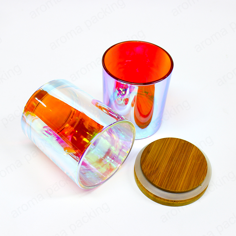 Pot de bougie en verre électrolytique à fond rond sept couleurs avec couvercle en bois