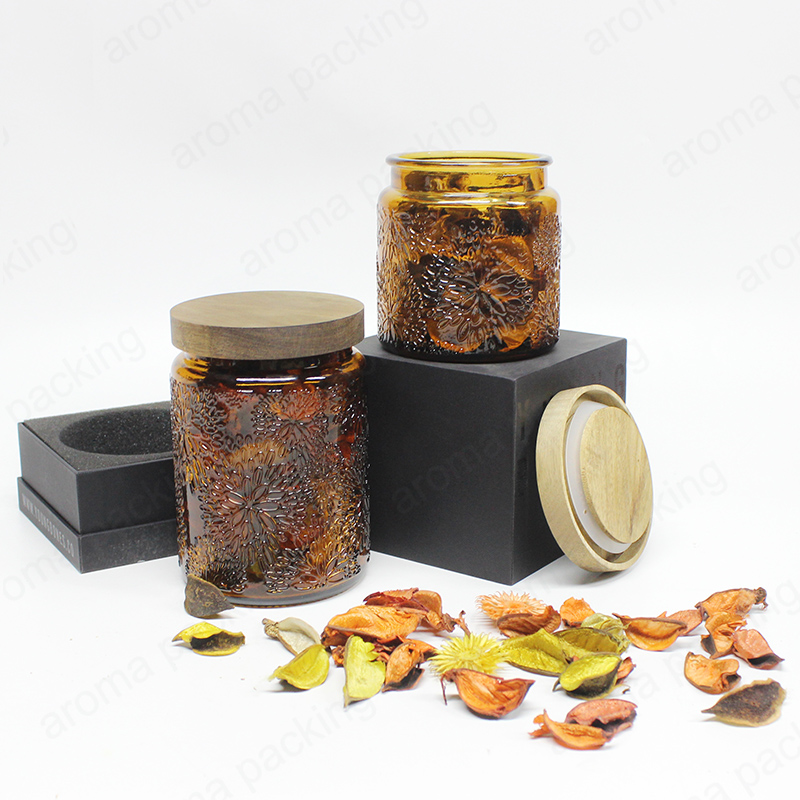 Capacité personnalisée Motif de fleur gaufrée Pot de stockage en verre ambré pour le stockage