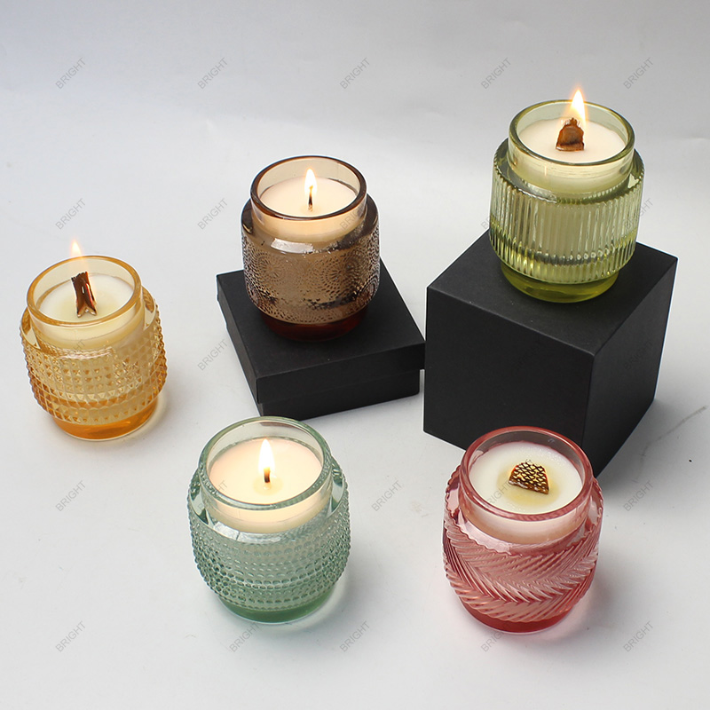 Top Quality Custom Color Embossed Glass Candle Jar With Wicks For Decoration