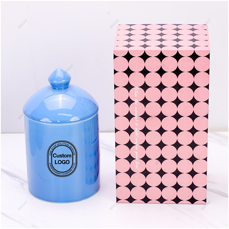 New Design Blue Pink White Black Ceramic Candle Jar With Box For Deco