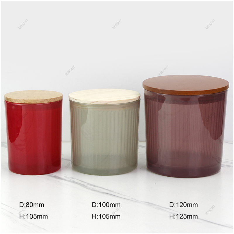 Internal Stripe Round Glass Candle Jar Spray Color With Wood Lid