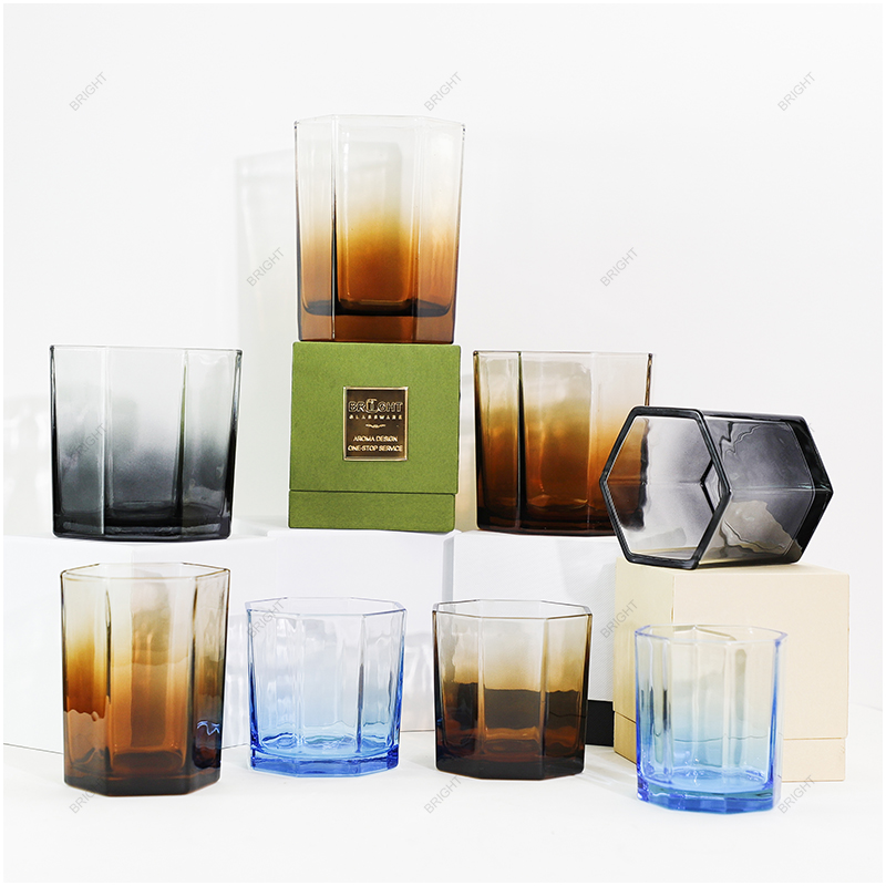 Factory Wholesale Hexagonal Glass Candle Jar Black Amber Blue With Box