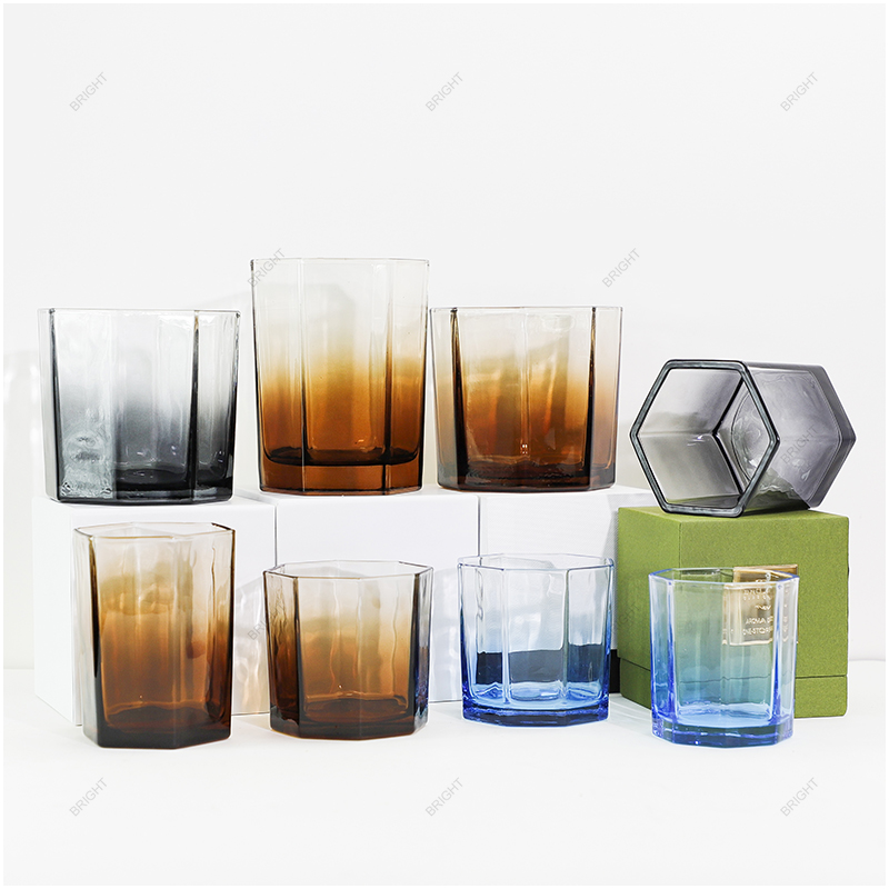 Factory Wholesale Octagonal Glass Candle Jar Black Amber Blue With Box