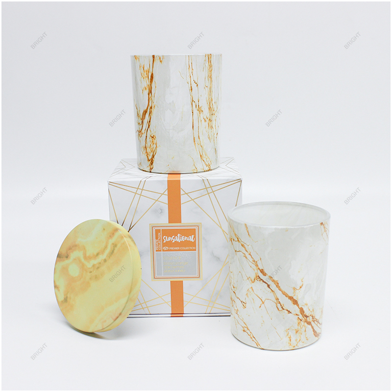 Wholesale Marble Veining Ink Painting Glass Candle Jar with Lid and Box