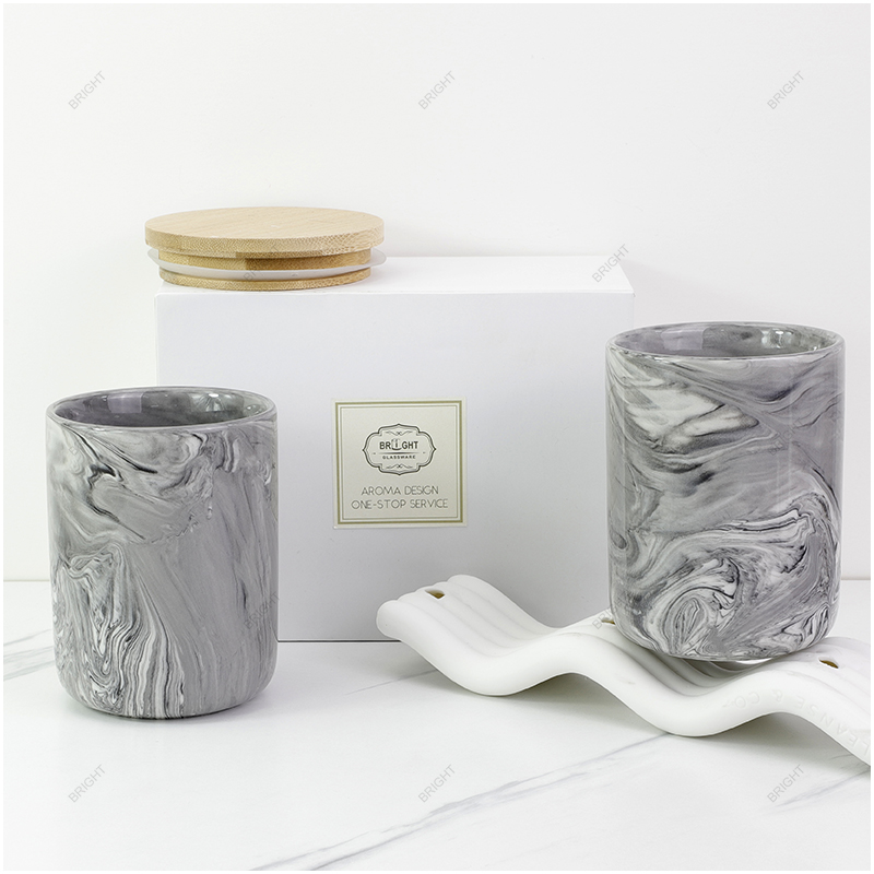 Factory Gray Marble Veining Ceramic Candle Jar with Wooden Bamboo Lid and Box