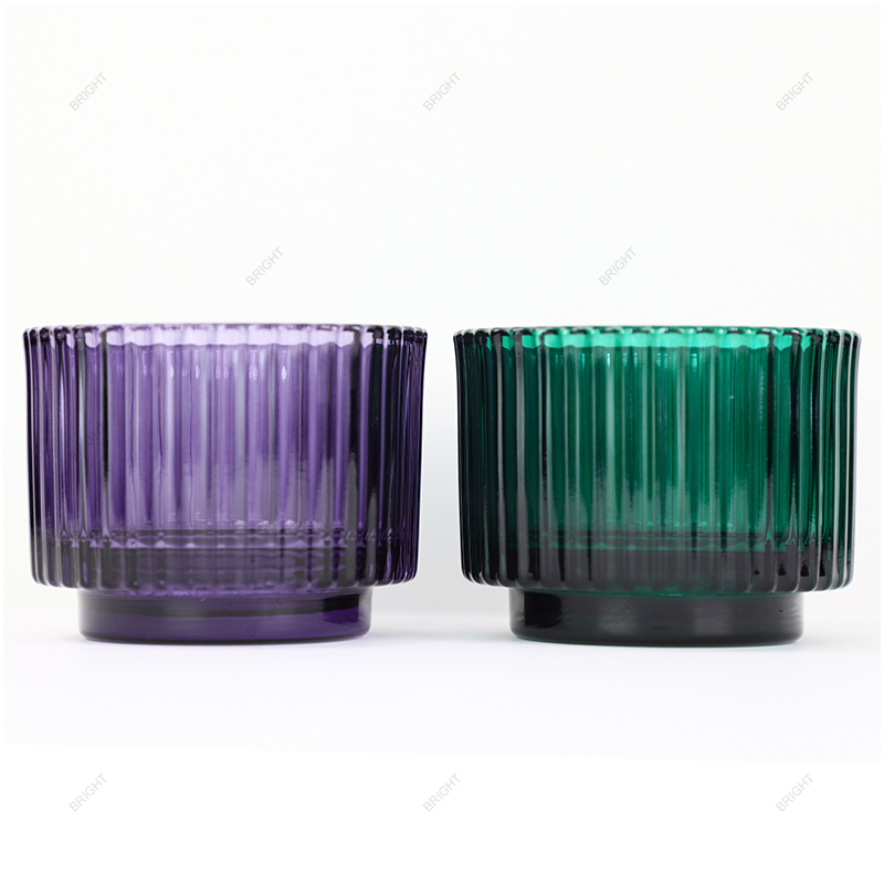 Factory Made Wide Mouth Stripe Glass Candle Jar with Lid Spray Color Purple Green