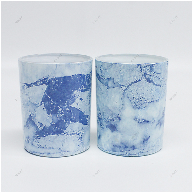 Factory Water Transfer Glass Candle Jar Blue Pattern With Lid And Box