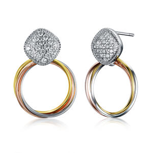 ER4552 Pave CZ Square Earring With Tri-color Circles In Brass/Copper China Reliable Jewelry Vendor