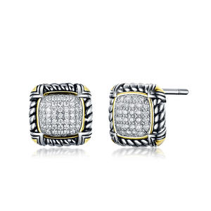 ST2697E-Designer Inspired Cable Texture 2-tone Square Shape Earring With White Pave Cubic Zircon In Brass/Copper From China Top Jewelry Vendor