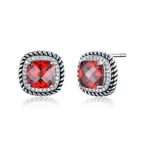 ST2640E- Designer Inspired Cable Texture Square Earring With Square Garnet Cubic Zircon & Small White CZ Surrounded Under Rhodium Plated From China Top Jewelry Vendor