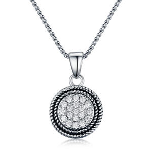 ST2680P-Designer Inspired Antique Cable Texture Round Pendant With White Pave Cubic Zircon In Center Under Rhodium Plated From China Top Jewelry Vendor