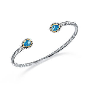ST2750BA-Cable Texture Designer Inspired Two-tone Pear Shape Bangle With Bezel Setting Pear Shpe Aquamarine Spinel In Silver From China Top Jewelry Manufactuer
