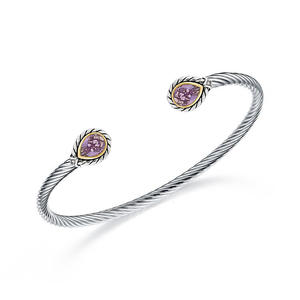 ST2750BA-Cable Designer Inspired 2-tone Bangle With Bezel Setting Pear Shape Amethyst Cubic Zircon In Brass/Copper From China Top Jewelry Manufactuer