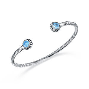 ST2652BA-Designer Inspired Cable Bangle With Bezel Setting Round Aquamarine Spinel  In Brass/Copper Under Rhodium Plated From China Top Jewelry Factory