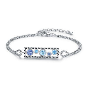ST2696BR-Designer Inspired Cable Texture Rectangle Bracelet, With Bezel Setting Round Tanzanite Cubic Zircon & Aquamarine Spinel In Brass/Copper Under Rhodium Plated From China Top Jewelry Factory