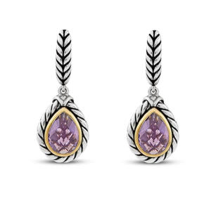 ST2750E-Cable Designer Inspired 2-tone Earring With Bezel Setting Pear Shape Amethyst Cubic Zircon In Brass/Copper From China Top Jewelry Manufactuer