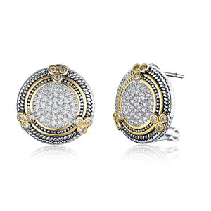 ST2765E-Designer Inspired Cable Texture Two-tone Round Earring With White CZ In Center In Brass From China Reliable Jewelry Factory