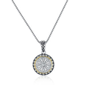 ST2768P-Designer Inspired Two-tone Round Pendant With Diamond Shape Texture In Brass Suspends A 18inch Box Chain With  2" Extender From China Reliable Jewelry Factory Vendor