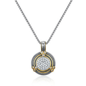 ST2765P-Designer Inspired Cable Texture Two-tone Round Pendant With White CZ In Center In Brass Suspends A 18inch 2mm Box Chain With  2" Extender From China Reliable Jewelry Factory