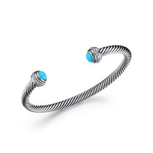 BA1154-Designer Inspired Antique Cable Bangle With Turquoise & White CZ Plated Rhodium From China Reliable Jewelry Supplier
