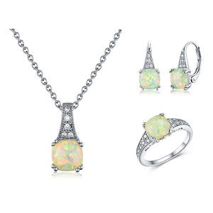 ST2147 Square Opal & White CZ Ring/Pendant/Earring Jewelry Set With Rhodium Plating In Sterling Silver From China Trustable Jewelry Factory